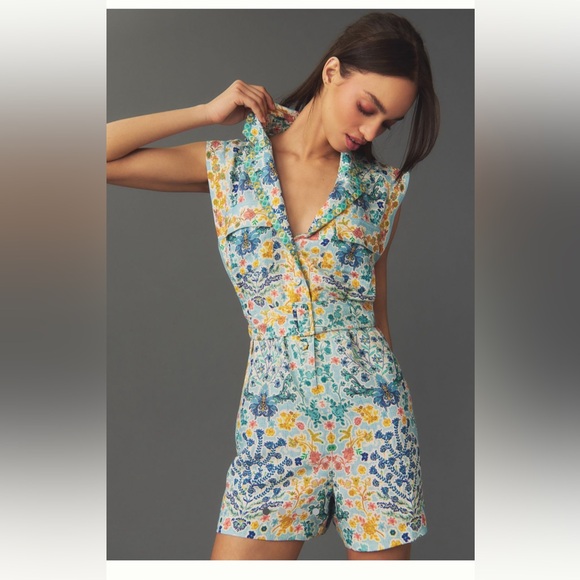 Ranna Gill Pants - Anthropologie Ranna Gill Sleeveless Collared Linen Romper